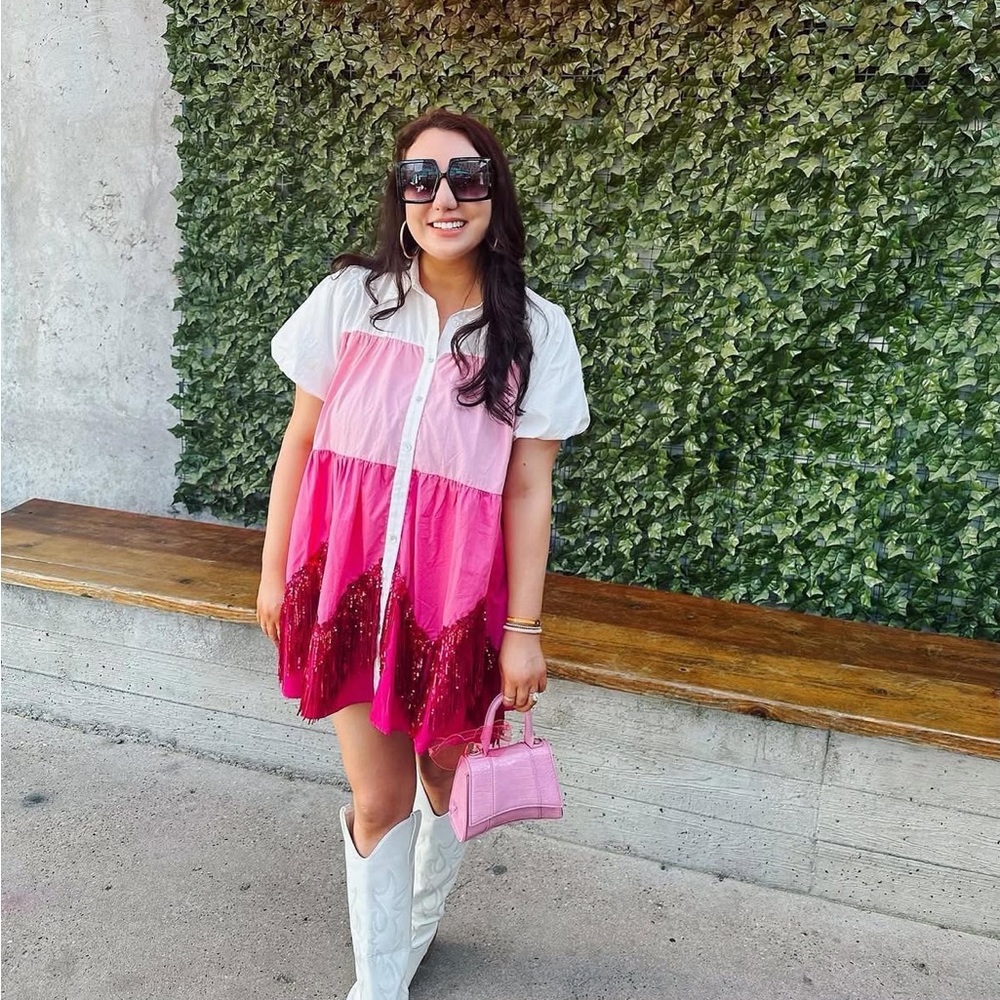 Fantastic Fawn Pink and White Button-Up Dress with Sequin Fringe Detail